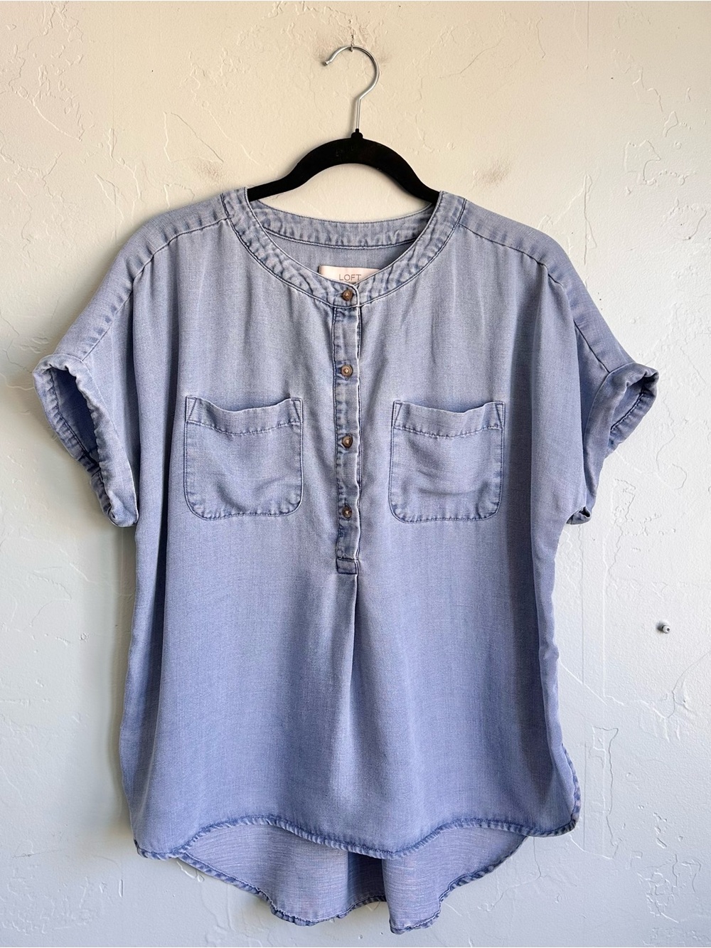 LOFT Light Blue Short Sleeve Button-Front Henley Blouse